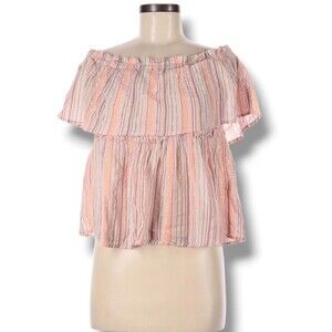 Lucky Brand Top Size M Pink Striped Off The Shoulder Lightweight Tiered Ruffle